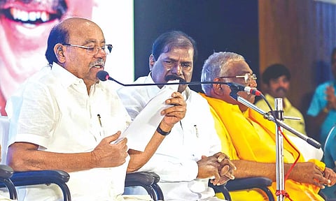 PMK founder S Ramadoss addressing the party’s general council meeting in Chennai on Thursday