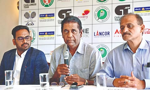 International Tennis Hall of Fame inductee Vijay Amritraj addresses the gathering during the press conference