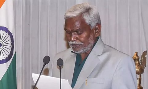 JMM leader Champai Soren taking oath as Jharkhand CM during the swearing-in ceremony at Raj Bhawan in Ranchi. (PTI)