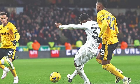 Manchester United’s Kobbie Mainoo is about to score his side’s winning goal