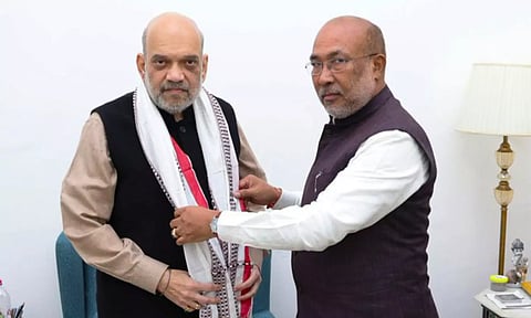 Union Home Minister Amit Shah with Manipur Chief Minister N. Biren Singh during a meeting in New Delhi on Saturday.