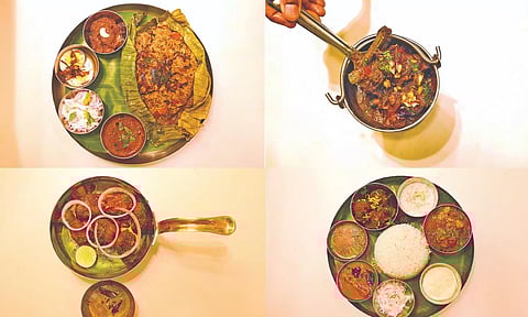 (Clockwise) Kizhi chicken biryani, Yercaud dorai curry, Kadamba pakoda with red chutney, and Non-veg meals