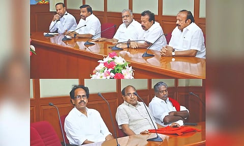 CPI members holding seat sharing talks with DMK team (top) led by TR Baalu at Anna Arivalayam on Saturday