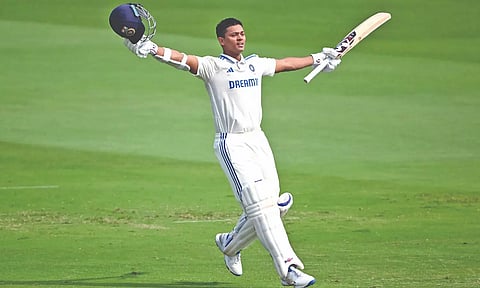 Yashasvi Jaiswal celebrates after scoring a double century against England in the second Test