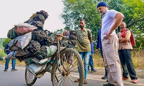 Congress leader Rahul Gandhi with workers during the Bharat Jodo Nyay Yatra in Ramgarh district in Jharkhand on Monday. 