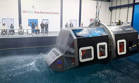 PM Modi inaugurates the integrated Sea Survival Training Centre at ONGC Institute in Goa on Tuesday. (X/@narendramodi)
