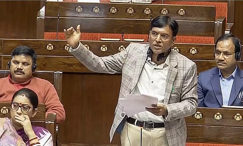 Union Minister Mansukh Mandaviya speaks in the Rajya Sabha during the Budget session of Parliament in New Delhi on Tuesday. (PTI)