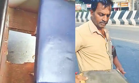 The hole that opened up on the bus floor; (R) crew with broken piece