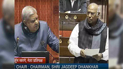Rajya Sabha Chairman Jagdeep Dhankhar and Leader of Opposition Mallikarjun Kharge (Photo/Sansad TV)