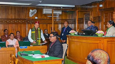 Uttarakhand CM Pushkar Singh Dhami during a special session of the State Assembly in Dehradun on Feb 7. (PTI)
