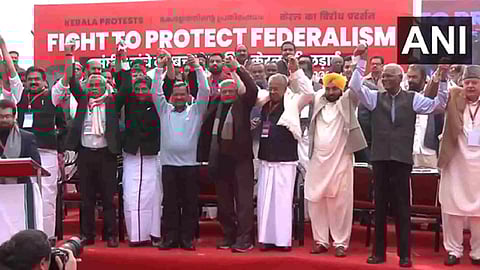 Visuals from LDF-led protest in Delhi's Jantar Mantar. (Photo/ANI)