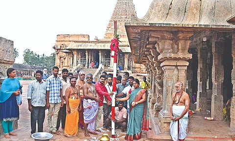 Archaeology department deputy director R Sivanandam inspecting ancient buildings in Thanjavur on Thursday