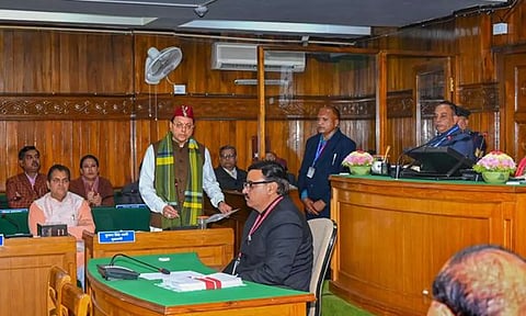 Uttarakhand CM Pushkar Singh Dhami during a special session of the State Assembly in Dehradun on Feb 7. (PTI)
