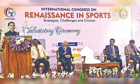 Governor RN Ravi addressing international sports congress in Tiruchy on Saturday