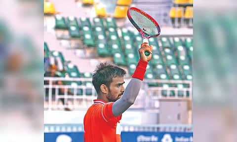 Sumit Nagal acknowledges the crowd after his win