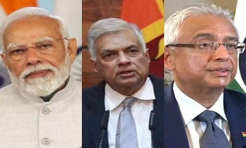 Prime Minister Narendra Modi, Sri Lankan Prez Rani Wickremesinghe and Mauritius PM Pravind Jugnauth (ANI)