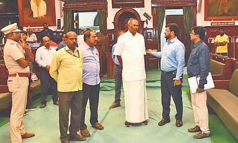 Speaker M Appavu inspecting the arrangements ahead of the Assembly session starting on Monday