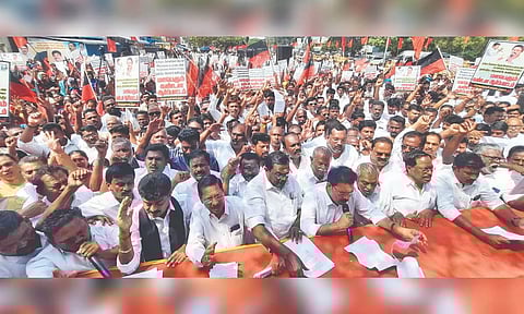 DMK cadre hold protest at Rameswaram on Sunday against frequent arrests of TN fishers by Sri Lankan Navy