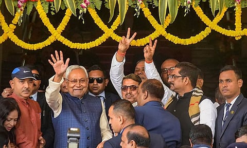Bihar CM Nitish Kumar with NDA MLAs arrives at Bihar Legislative Assembly for the floor test of his government at Vidhan Bhawan in Patna. (PTI)