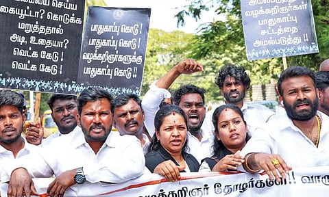 Advocates protesting at the Rajarathinam Stadium (Photo: Justin George)