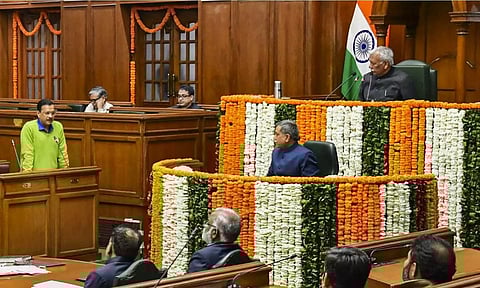 Delhi CM Arvind Kejriwal addresses the Delhi Legislative Assembly during the Budget session in New Delhi on Feb 16. (PTI)