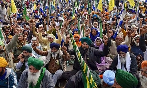 Farmers during their 'Delhi Chalo' protest, near Patiala district, on Sunday (Photo: PTI)