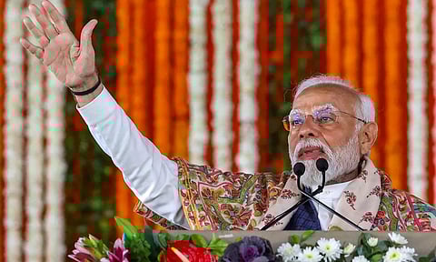 PM Modi addresses during the foundation stone laying of multiple development projects in Jammu on Tuesday.