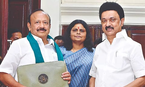 Agriculture Minister MRK Panneerselvam with CM Stalin and department secretary Apoorva