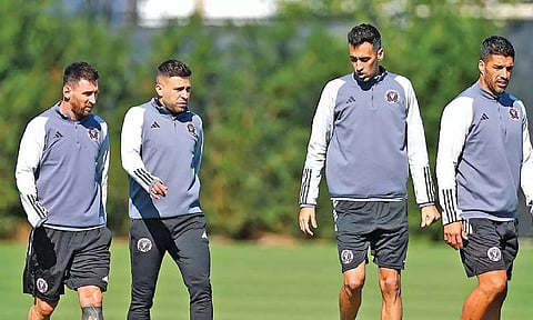 Messi, Alba, Busquets and Suarez at training ahead of opening match