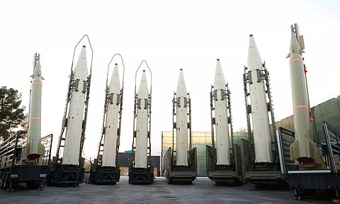 Iranian ballistic missiles are displayed during the ceremony of joining the Armed Forces, in Tehran (Reuters)