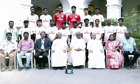 (From left) Vice Principal Decipline Prof S Peter, Coach LR Titus, Deputy Principal Dr. JA Charles, Principal Rev. Dr A Louis Arockiaraj SJ, Rector Rev. Dr. Antony Robinson, SJ, Secretary & Correspondent Rev. Dr. B Jeyaraj, Vice Principal Jeyamani Divya Christodoss and Director of Sports Rev. Dr Joseph Antony Jacob SJ.