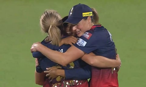 RCB players celebrated their first home WPL win over UP Warriorz on Saturday. (X/@WPL)