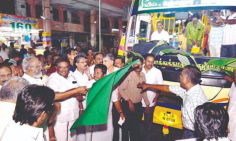 State Transport Minister SS Sivasankar flags off the Navagraha temple tour service in Thanjavur on Saturday