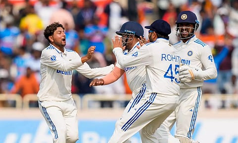 England's Tom Hartley plays a shot during the third day of the fourth Test cricket match between India and England, at JSCA International Cricket Stadium in Ranchi on Sunday. (PTI)