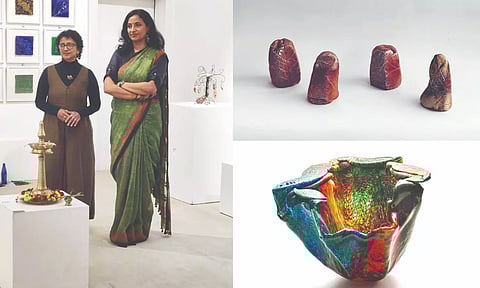 (Clockwise) Kaveri and Radhika; Ceramics creation by Kaveri and Glass artwork by Radhika
