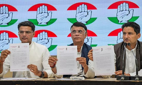 Congress leaders Sachin Pilot, Pawan Khera and Deepender Singh Hooda during a press conference (PTI)
