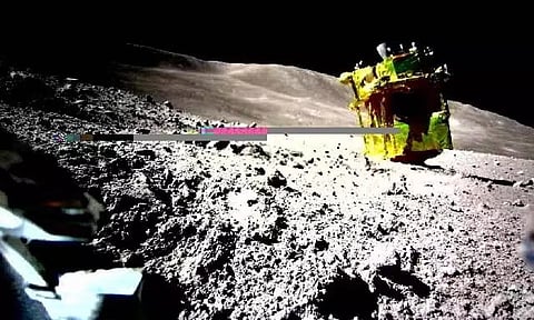 The Smart Lander for Investigating Moon (SLIM), is seen in this handout image taken by LEV-2 on the moon