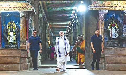 PM Narendra Modi walking through the mandapam of Sri Meenakshi Sundareswarar Temple on Tuesday