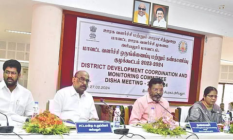 VCK chief Thol Thirumavalavan chairing DHISHA meeting in Ariyalur on Tuesday