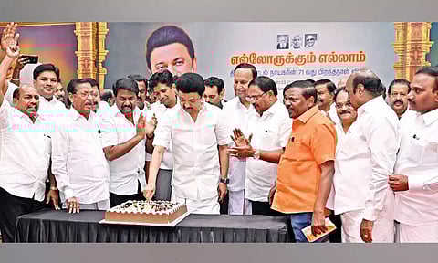 Chief Minister MK Stalin cuts birthday cake with party leaders at Anna Arivalayam on Friday