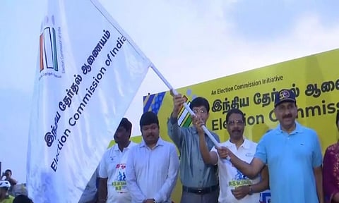 Sathyabratha Sahoo J. Radhakrishnan and Sandip Rai Rathore flags off 'Pedal for Vote Cyclothon' in Chennai (ANI)