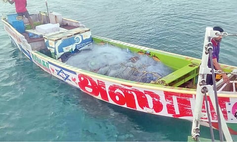 The seized country boat with the contraband on its way to Sri Lanka from India