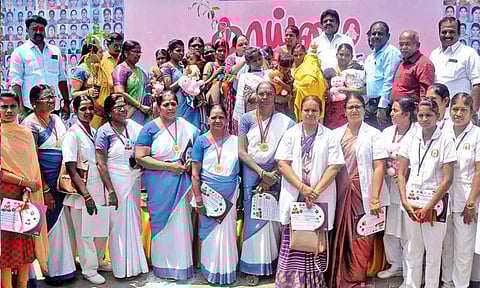 Thanjai Maternity Child Care Centre staff who were felicitated for achieving the record on Thursday