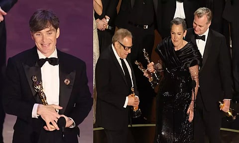 Christopher Nolan and Producers Emma Thomas and Charles Roven win the Oscar for Best Picture for "Oppenheimer" during the Oscars show (Photo: Reuters)