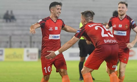 Gokulam Kerala FC players celebrating after a goal (IANS)