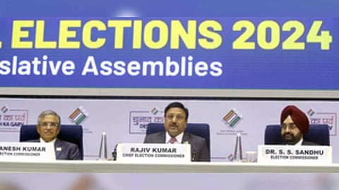 Chief Election Commissioner (CEC) Rajiv Kumar and team addressing (Photo/IANS)