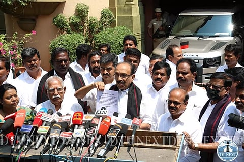 Vaiko addresses the media outside Anna Arivalayam (Justin George)