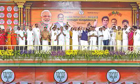 Prime Minister Narendra Modi with NDA leaders during a public meeting in Salem