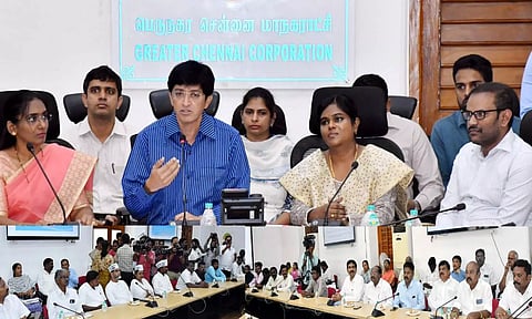 GCC Commissioner J Radhakrishnan in a meeting with the representatives(Photo/X: @chennaicorp)