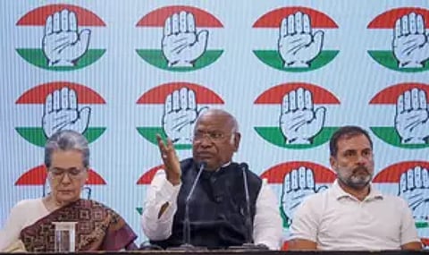 President Mallikarjun Kharge, senior leaders Sonia Gandhi and Rahul Gandhi